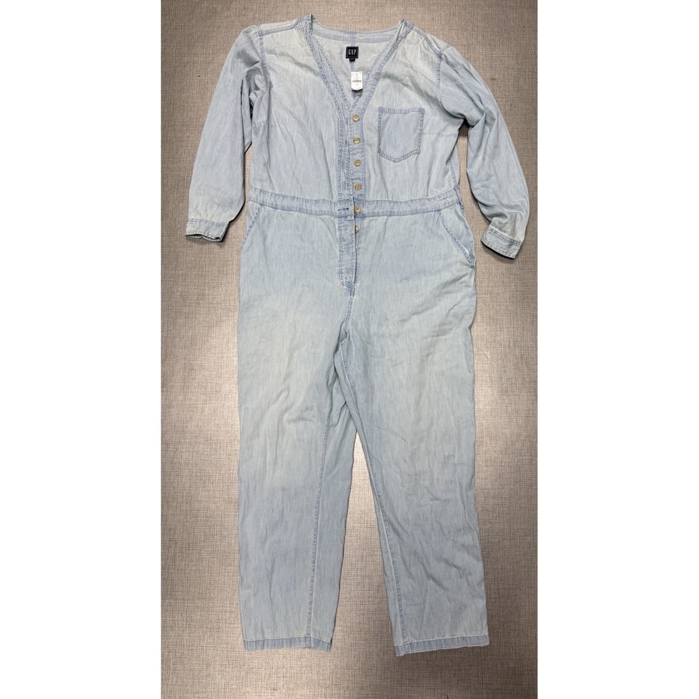 GAP Jumpsuit Womens 16 Blue Denim Jumper Long Sleeve Light Chambray Wash Utility
